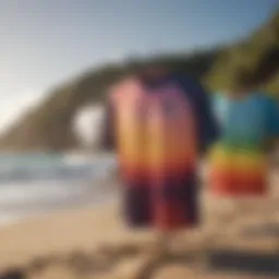 Vibrant Rip Curl surf shirts displayed on a beach