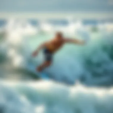 Surfer Embracing the Waves in Roxy Pants Action shot of a surfer in Roxy beach pants riding a wave