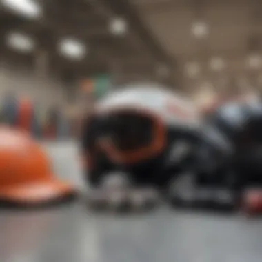 Safety gear displayed alongside skateboarding equipment, emphasizing the importance of safety in extreme sports.