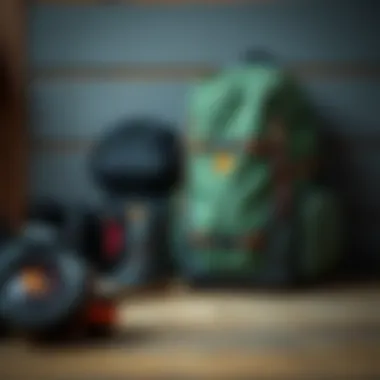 A sage green backpack positioned next to essential gear for extreme sports, illustrating its role in adventure preparation.