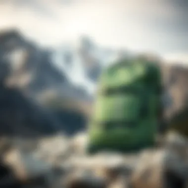 A close-up of a sage green backpack against a backdrop of rugged mountains, showcasing its design and durability.