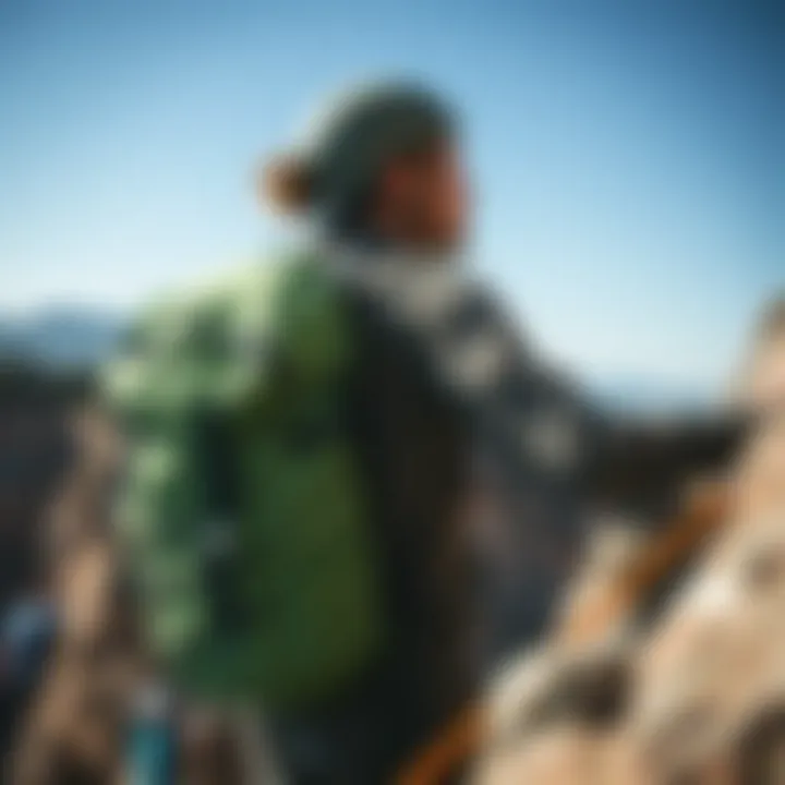 An adventure enthusiast wearing a sage green backpack while rock climbing, emphasizing the backpack's functionality in extreme sports.