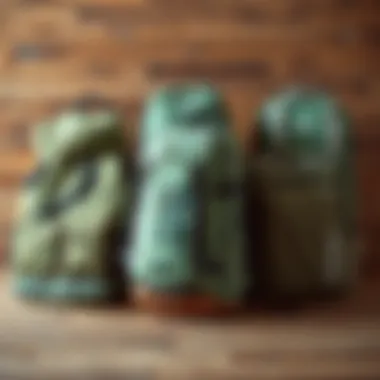 A collection of various styles of sage green backpacks displayed on a wooden surface, highlighting brand diversity.