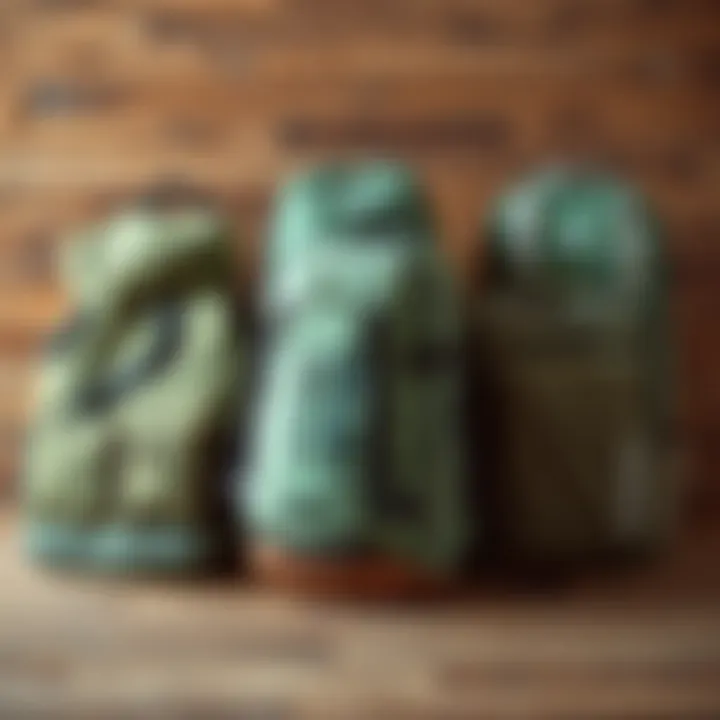 A collection of various styles of sage green backpacks displayed on a wooden surface, highlighting brand diversity.