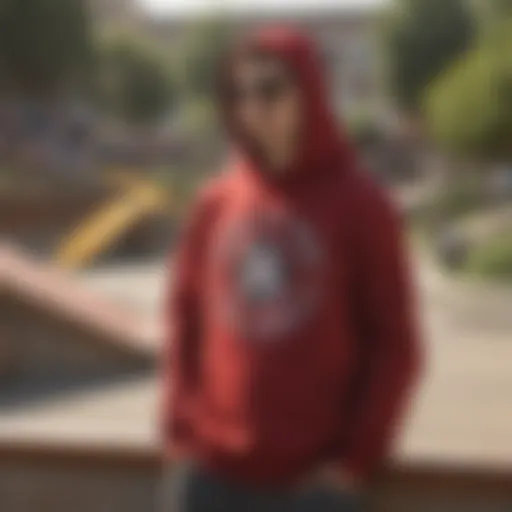 A vibrant Santa Cruz skateboard hoodie displayed against a skate park backdrop