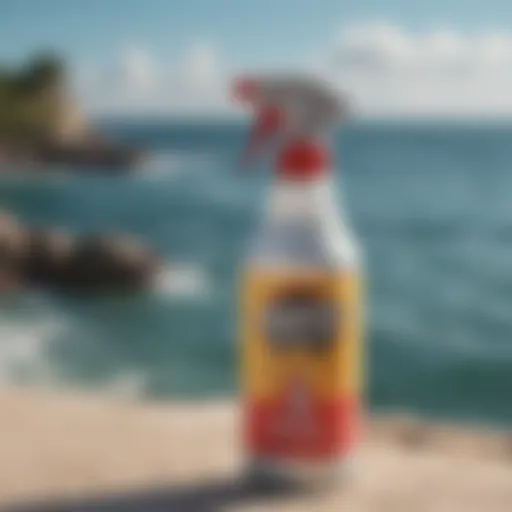 A close-up of shark repellent spray bottle with marine background.