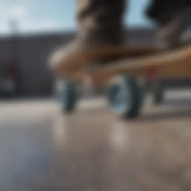 Close-up of skateboard wheels on a ramp, illustrating technical design.