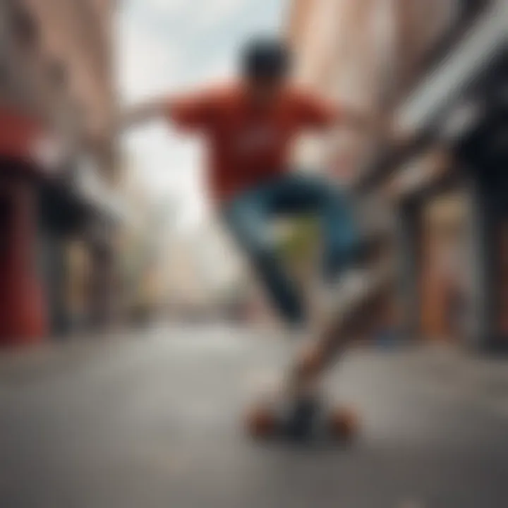 A skateboarder performing tricks in a vibrant urban setting