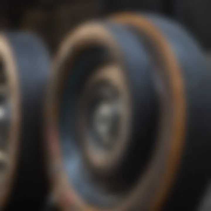 Close-up of skateboard wheels showing material textures