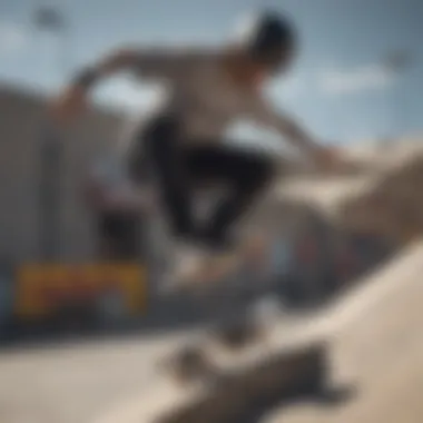 Skateboarder in Action with Knee Protectors Skateboarder performing tricks while wearing knee protectors on a ramp.