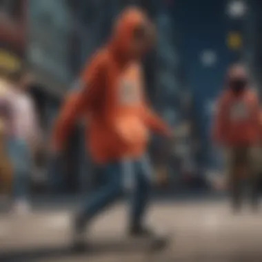 Dynamic shot of skateboarders wearing vibrant anime hoodies