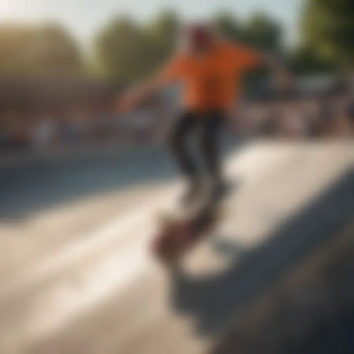 A vibrant skate park bustling with skaters showcasing diverse techniques.