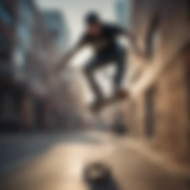 An advanced skater performing a trick in mid-air against an urban backdrop.