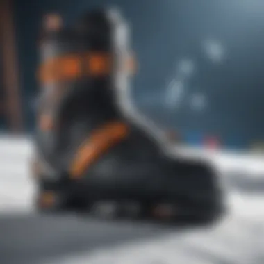 A close-up of ski bindings and boots