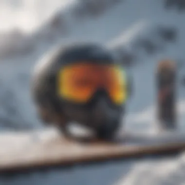 Snowboard gear arranged on a snowy backdrop