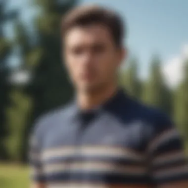 Stylish stripe polo shirt showcased in an outdoor setting