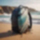 A stylish surf backpack on a sandy beach with waves crashing in the background.