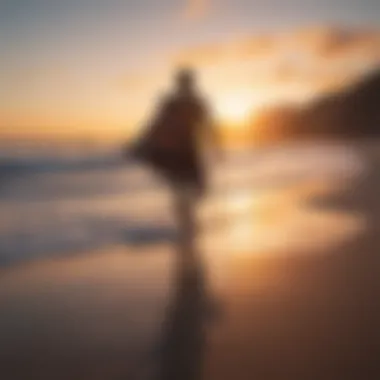 A surfer carrying a backpack while walking towards the ocean during sunset.