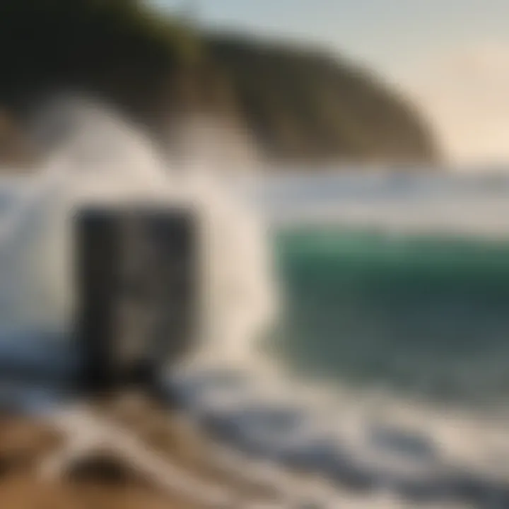 A scenic view of surfers enjoying the waves with lock boxes in sight