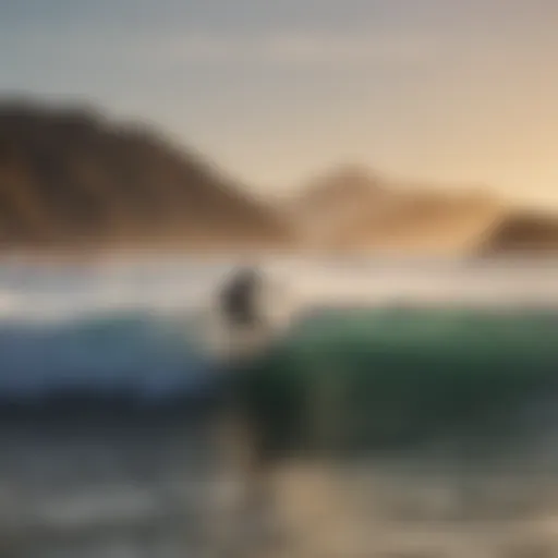 A breathtaking view of a surfer riding a wave at sunrise in California