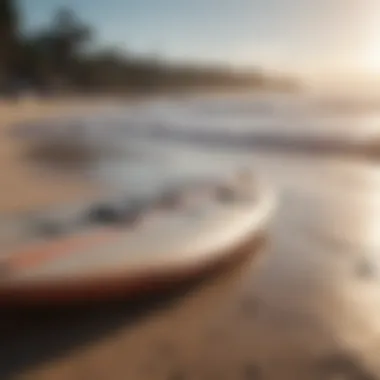 Essential surfing equipment laid out on the beach