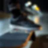 Stylish all-black skate shoe on a skateboard