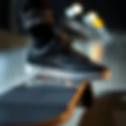 Stylish all-black skate shoe on a skateboard