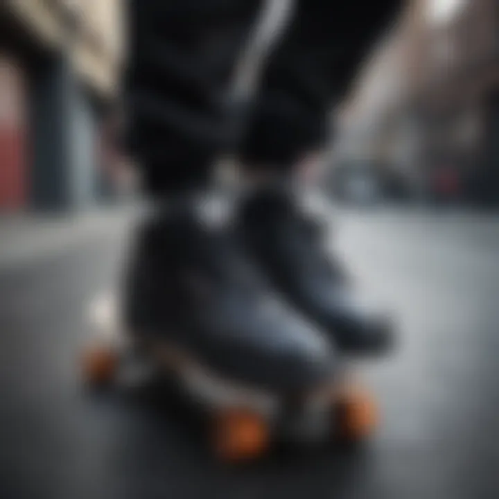 A stylish arrangement of black patent leather Reebok Classics on a skateboard.