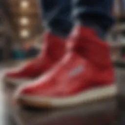 Dynamic shot of red high-top Reebok Classics in action during extreme sports