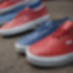 Close-up of red, white, and blue Vans showcasing unique design patterns.