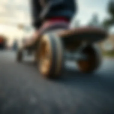 Precision Grip: The Wheels in Action Close-up of skateboard wheels gripping the pavement during a carve