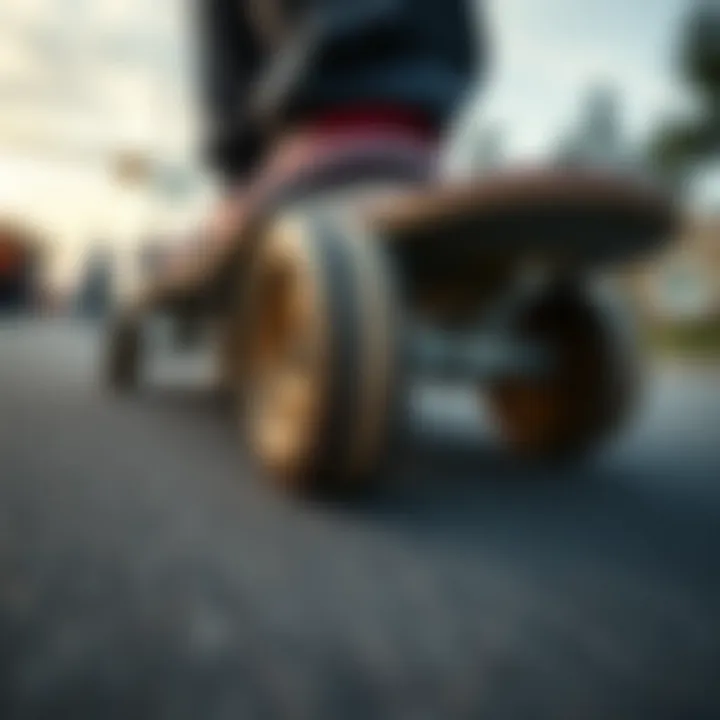 Precision Grip: The Wheels in Action Close-up of skateboard wheels gripping the pavement during a carve