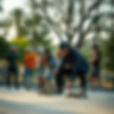 Community Vibes: Carving Together Diverse group of skateboarders enjoying a carving session at a park