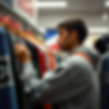 Person exploring different sweatshirt styles on a rack