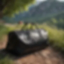Elegant black duffle bag displayed in a natural outdoor setting