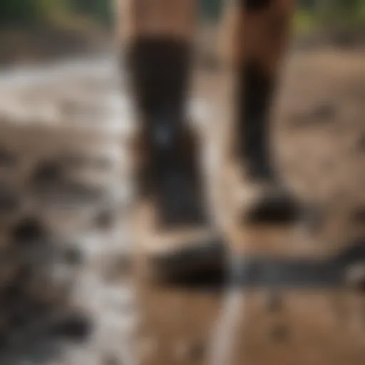 Dynamic footwear covered in mud after an extreme sports adventure