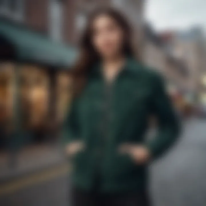 A fashion-forward outfit featuring the dark green corduroy jacket paired with complementary pieces, showcasing styling versatility.