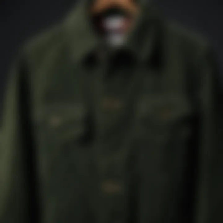 An eco-friendly label attached to a dark green corduroy jacket, emphasizing sustainability in fashion.