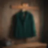 A stylish dark green corduroy jacket displayed on a vintage wooden hanger against a rustic backdrop.