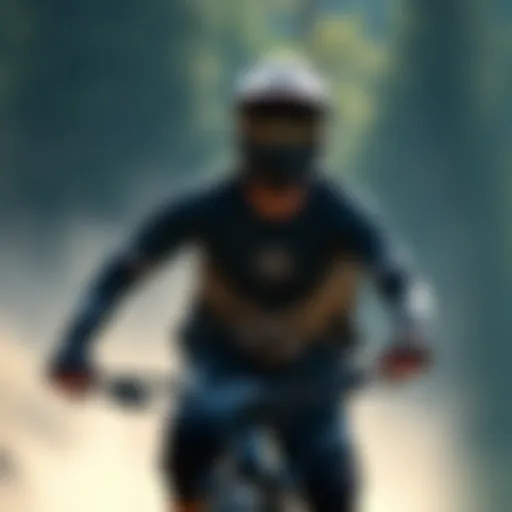 Dynamic action shot of an athlete wearing the Element Shirt during a mountain biking adventure.