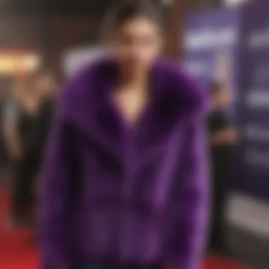 Celebrity wearing a purple fur jacket at a high-profile event