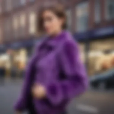 Fashion-forward individual showcasing a purple fur jacket in an urban setting