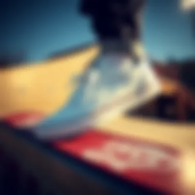 Vans Era White Leather shoes on skateboarding ramp