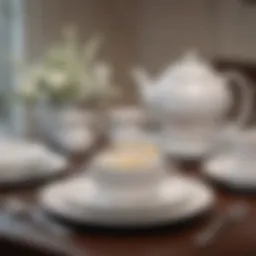 Elegant white fine china set displayed on a beautifully set dining table