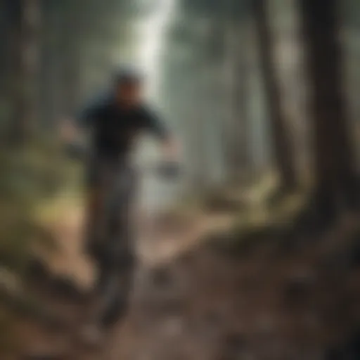 A mountain biker navigating through a rugged trail surrounded by trees