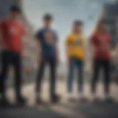 A group of skaters showcasing their diverse styles while wearing various skater tees.