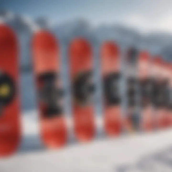 A collection of popular red snowboards from various brands displayed side by side