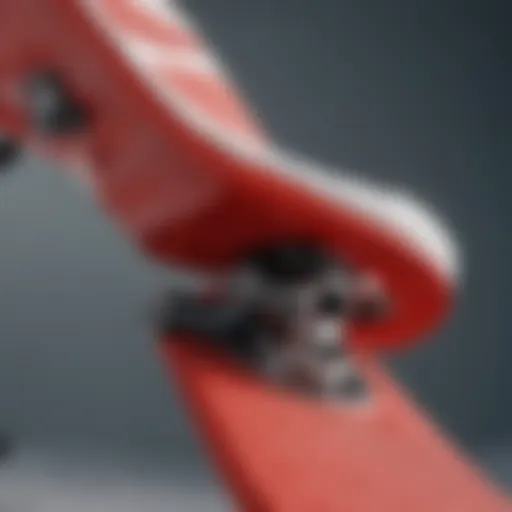 A close-up view of a red snowboard showcasing its unique design and texture