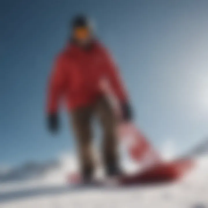 A snowboarder tuning their red snowboard, emphasizing maintenance practices