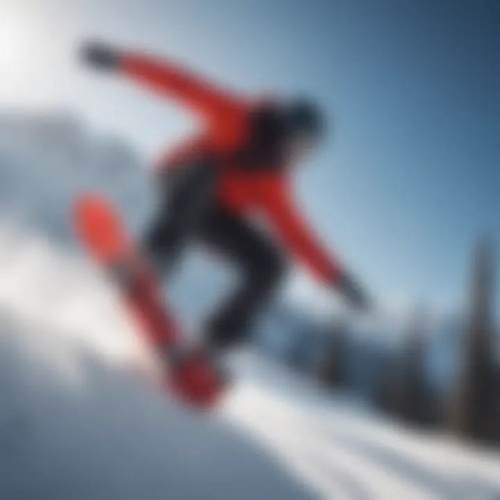 Snowboarder performing a trick on a vibrant red snowboard in a snowy landscape